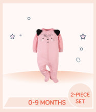 Load image into Gallery viewer, Pink white striped Sleep n Play with pink sleeves and cat face art