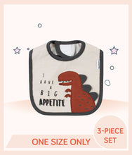 Load image into Gallery viewer, Gerber Boys Dino Bibs with dino art and "I have a big appetite" text