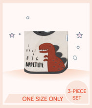Load image into Gallery viewer, Close up of bib with dino art and "I have a big appetite" text