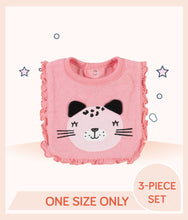 Load image into Gallery viewer, Pink Gerber Girls Leopard Bibs with cat face art and ruffled trim