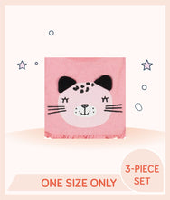 Load image into Gallery viewer, Close up of pink bib with cat face art and ruffled trim