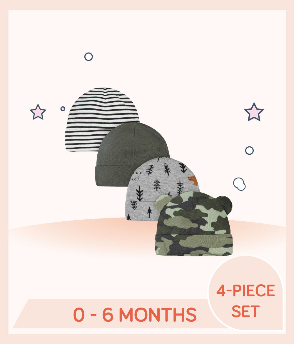 Designs of Gerber 4-Pack Baby Boys Bear Caps for 0 to 6 months old