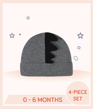 Load image into Gallery viewer, Grey colour Gerber 4-Pack Baby Boys Dino Caps with black dino design