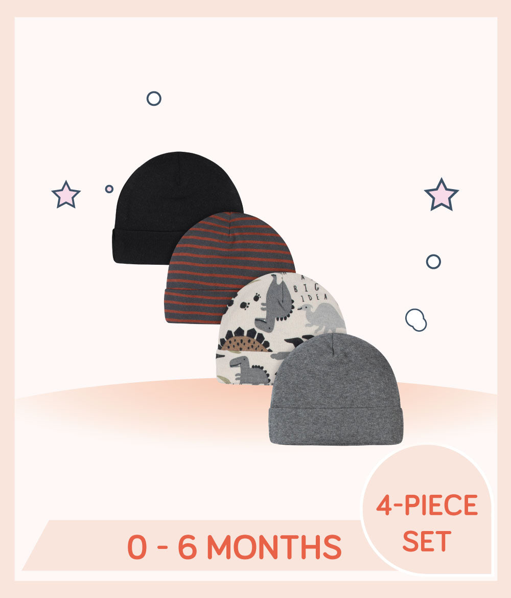 Designs of Gerber 4-Pack Baby Boys Dino Caps for 0 to 6 months
