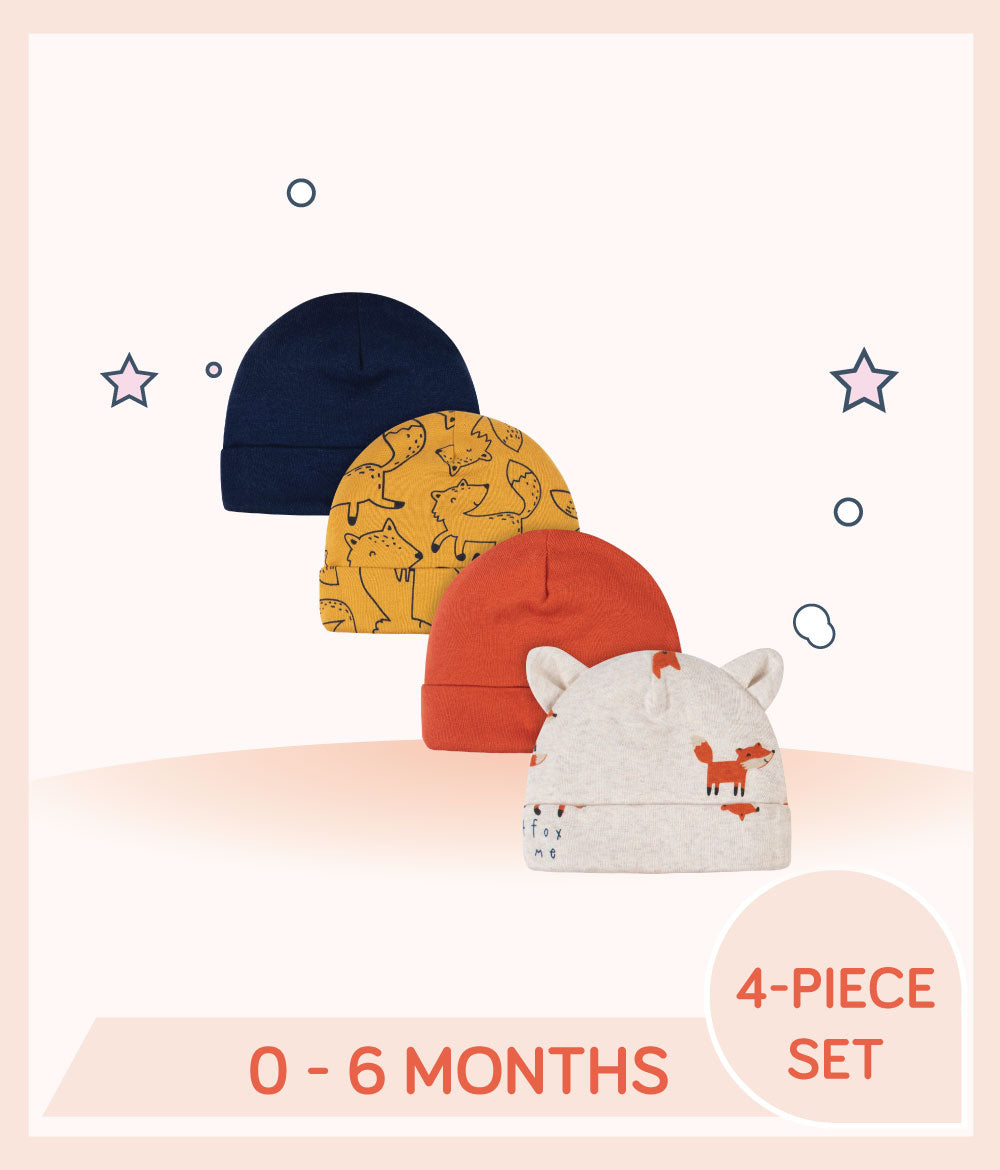 Designs of Gerber 4-Pack Baby Boys Fox Caps for 0 to 6 months