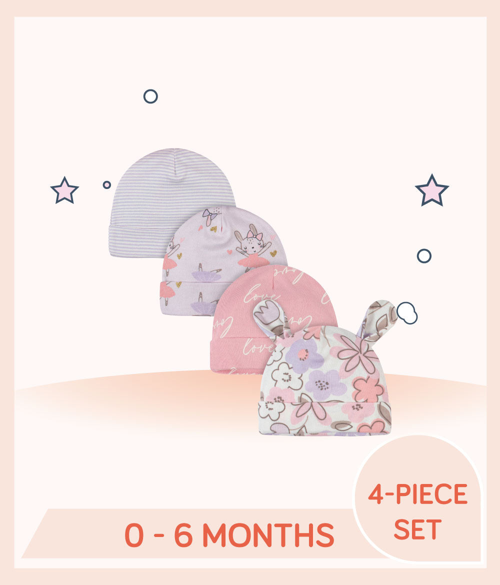 Gerber 4-Pack Baby Girls Bunny Ballerina Caps for 0 to 6 months