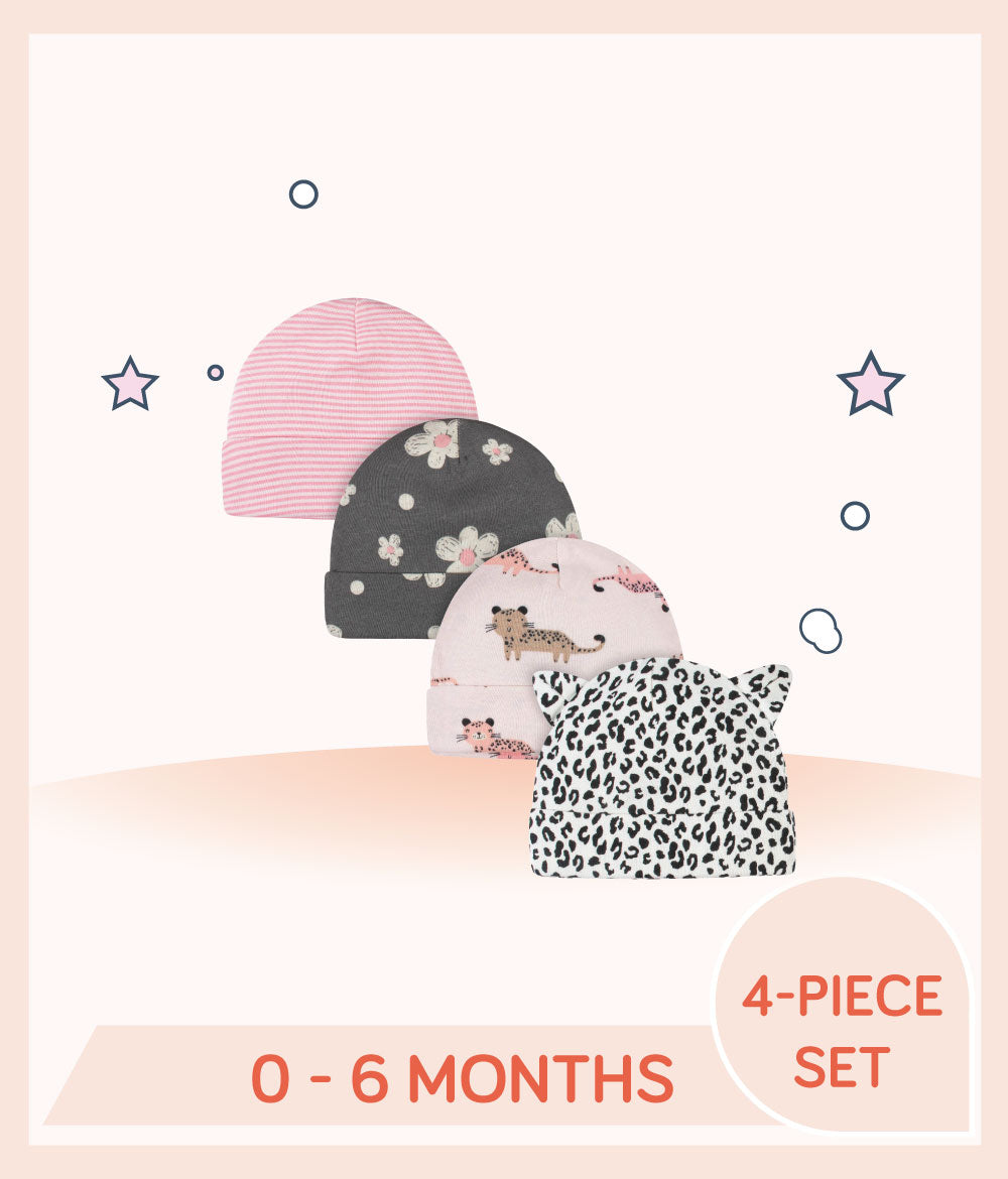 Designs of Gerber 4-Pack Baby Girls Leopard Caps for 0 to 6 months