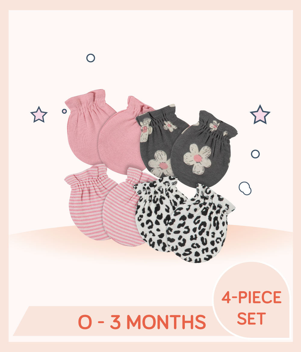 Gerber 4-Pack Baby Girls Leopard No Scratch Mittens for 0 to 3 months