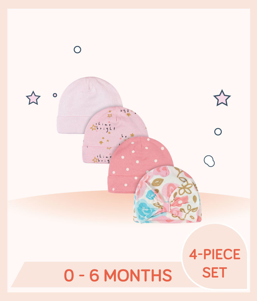 Designs of Gerber 4-Pack Baby Girls Princess Caps for 0 to 6 months old