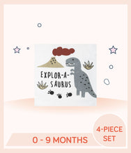 Load image into Gallery viewer, Close up of white clothing with dinosaur print art and text