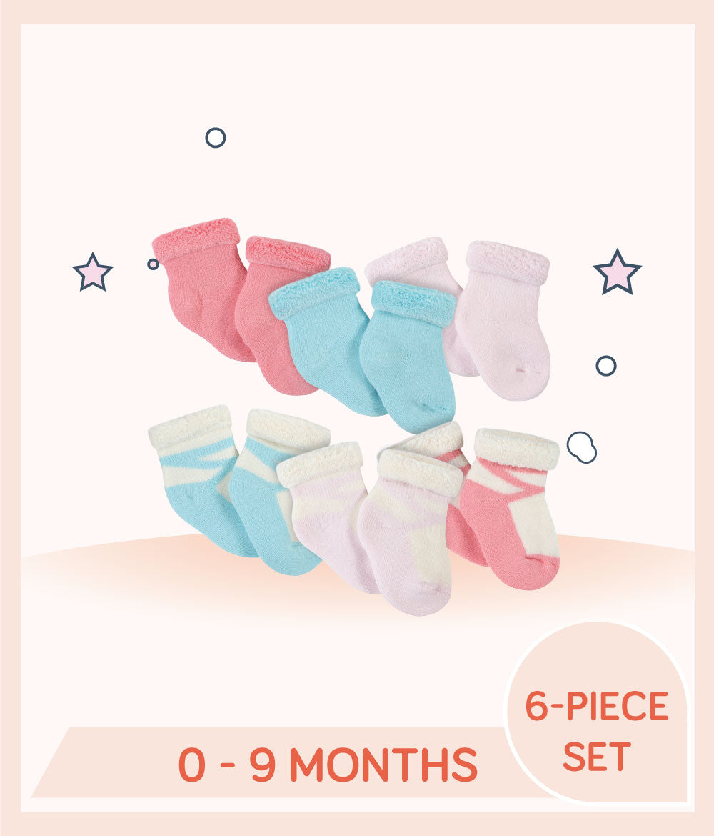 Gerber 6-Pack Baby Girls Princess Wiggle-Proof™ Terry Bootie Socks for 0 to 9 months old