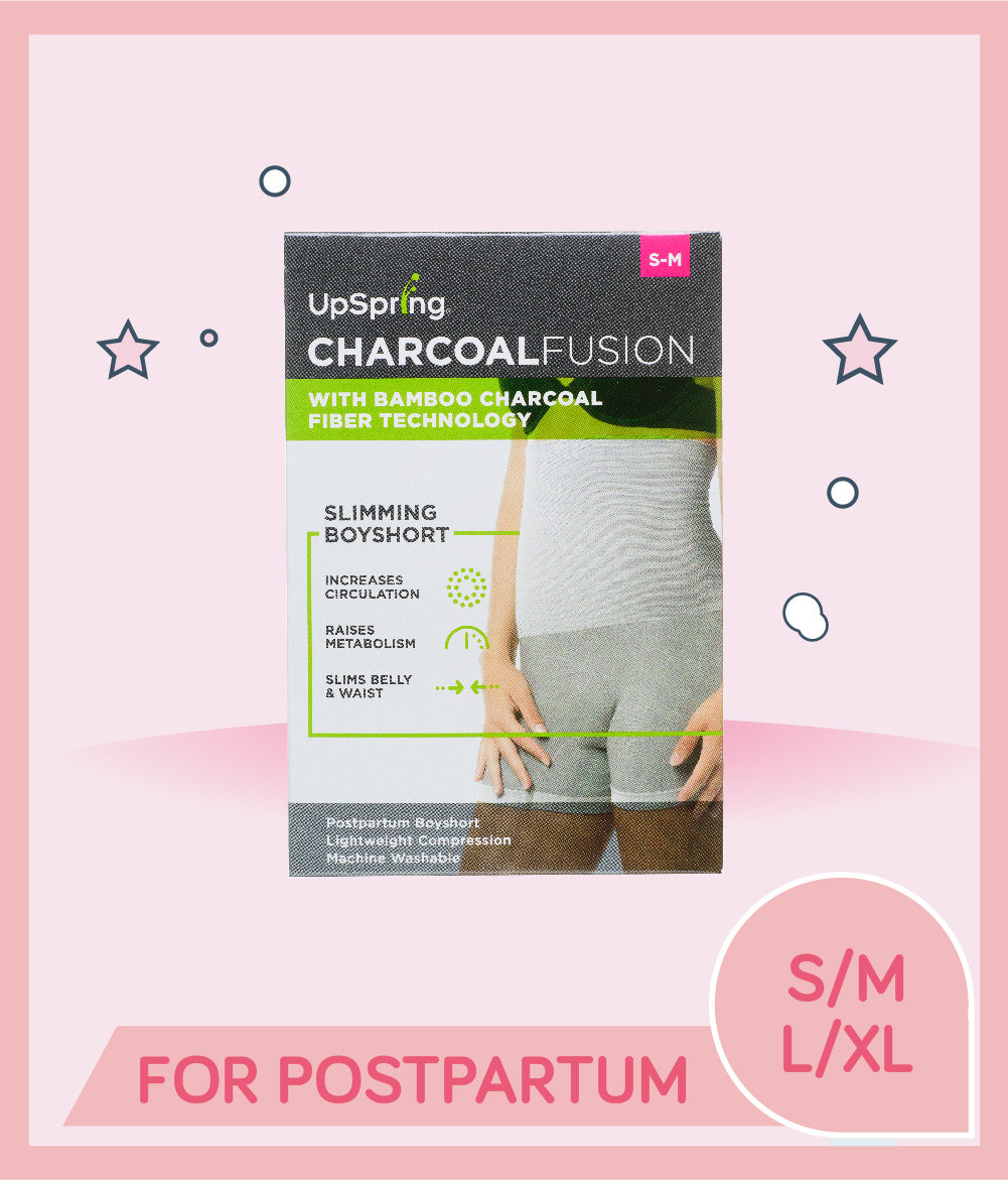 Upspring Charcoal Fusion Belly Slimming High Waist Boy Short Underwear & Shapewear in gray color, indicating postpartum use with size options S/M to L/XL.