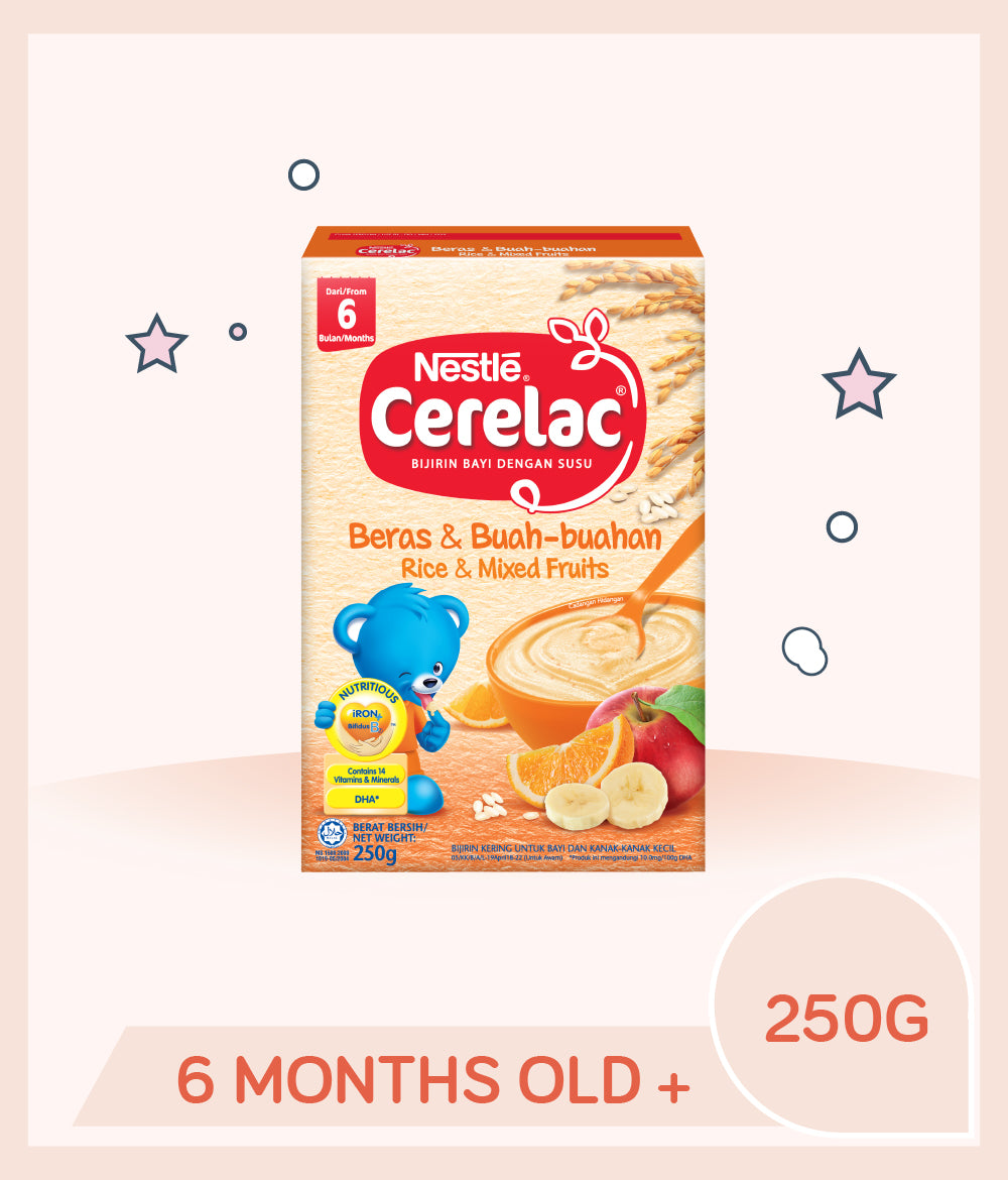 Cerelac Infant Cereal Rice & Mixed Fruits 250g Box is for babies over 6 months old