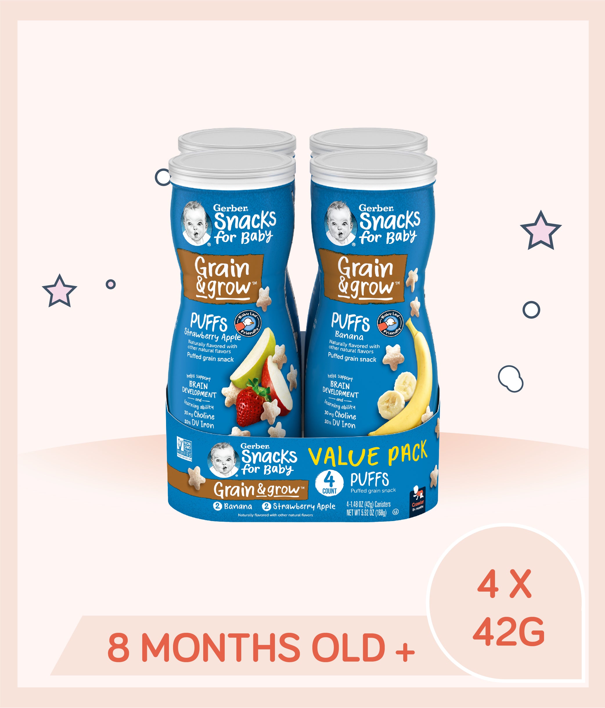 Gerber Puffs Value Pack with Strawberry Apple and Banana flavors is for kids over 8 months old