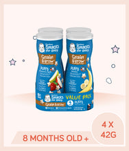 Load image into Gallery viewer, Gerber Puffs Value Pack with Strawberry Apple and Banana flavors is for kids over 8 months old