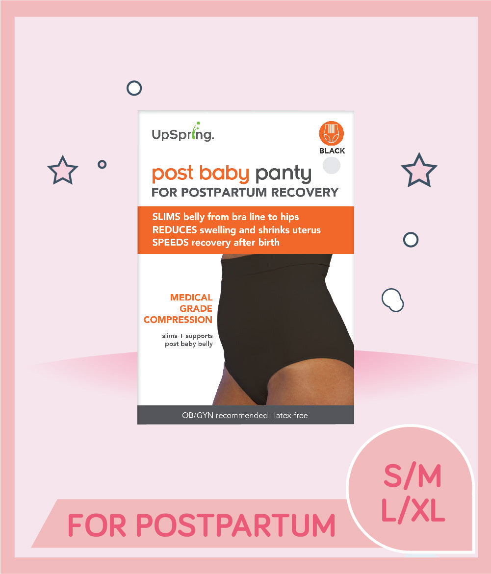 Upspring post baby high waist postpartum compression underwear in black, indicating sizes S/M to L/XL and benefits such as medical grade compression and slimming support.
