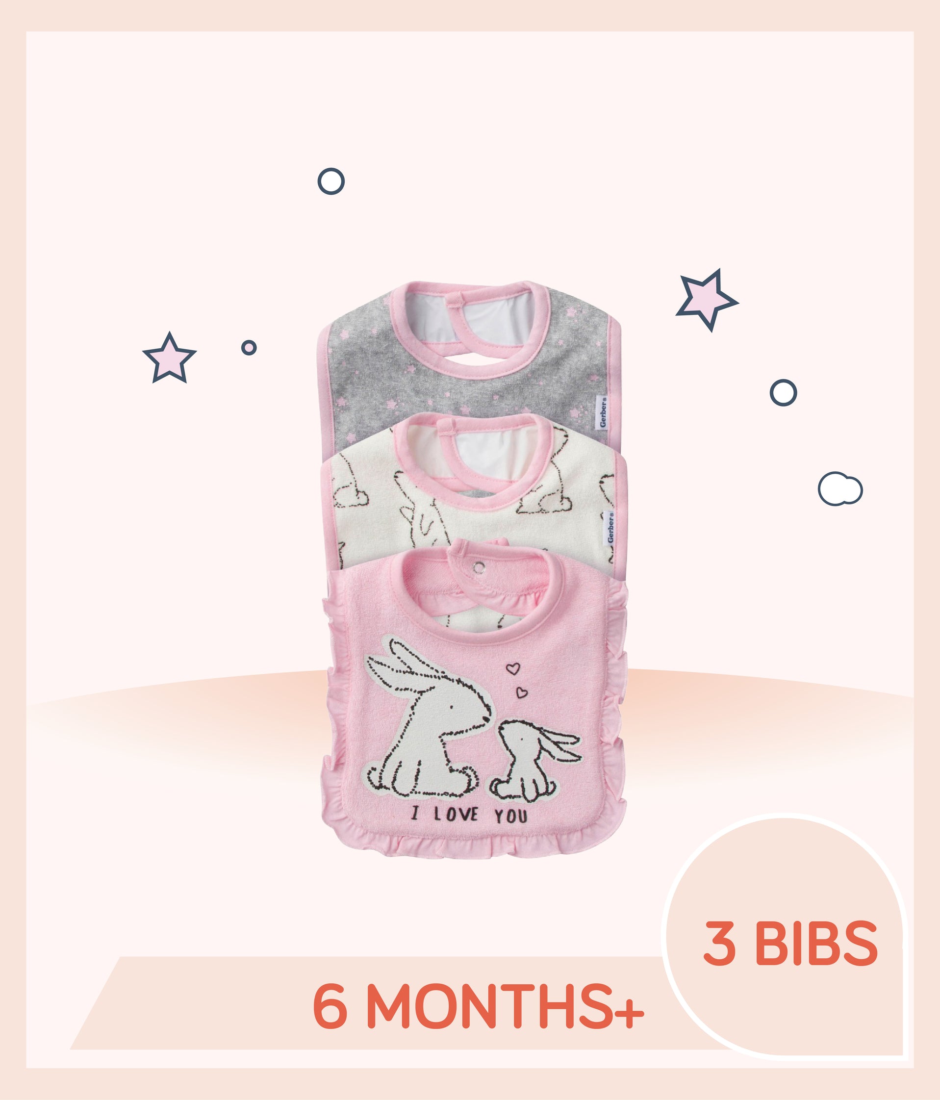 Gerber 3-Pack Girls Bunny Terry Bibs for over 6 months old