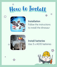 Load image into Gallery viewer, Electronic Dinosaur Mechanical Warehouse installation: dismantling of dinosaur and install 3x AG10 batteries
