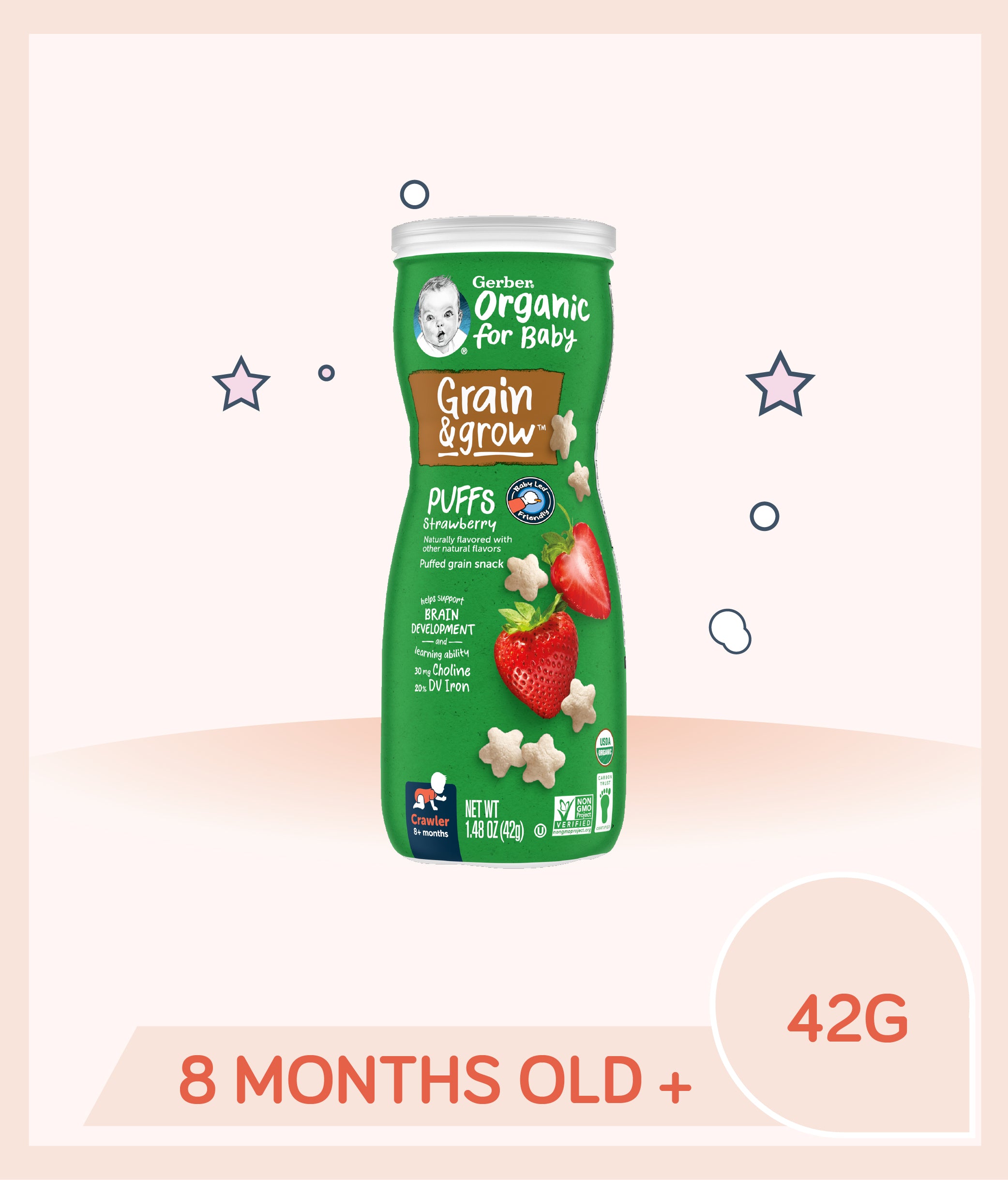 Gerber Organic Puffs Strawberry 42g Canister