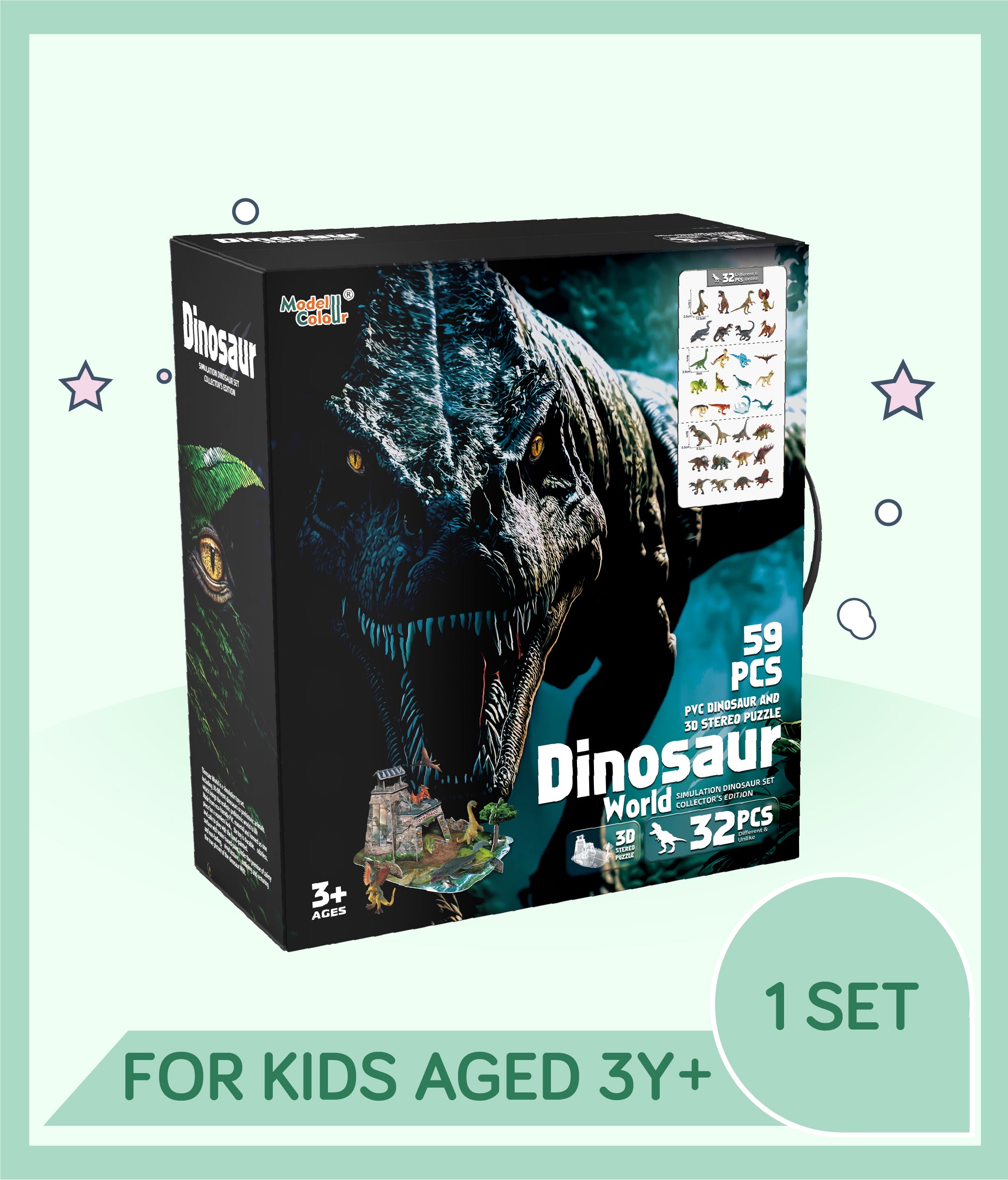 Front view of  Dinosaurs World Collection 59 pcs set