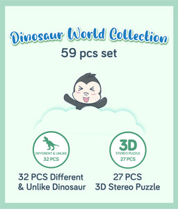 Icons showing product features: 32 pieces of different & unlike dinosaurs and 27 pieces of 3D stereo puzzle