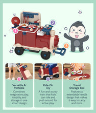 Load image into Gallery viewer,  Tableware Kitchen Train product highlights: Versatile &amp; Portable, Ride-On Toy, Travel Storage Box

