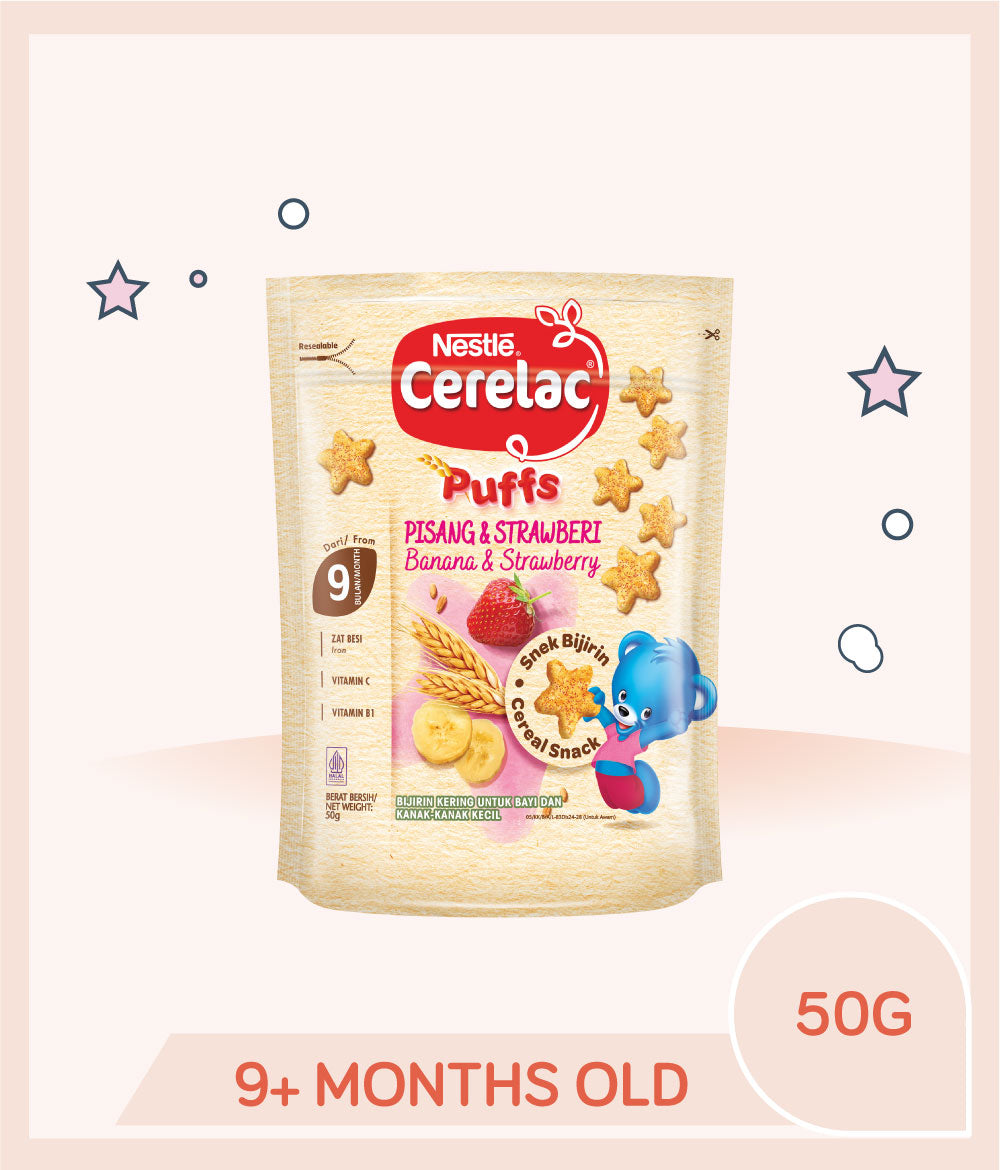 Cerelac nutripuffs snacks banana strawberry 50g pouch for 9+ months old