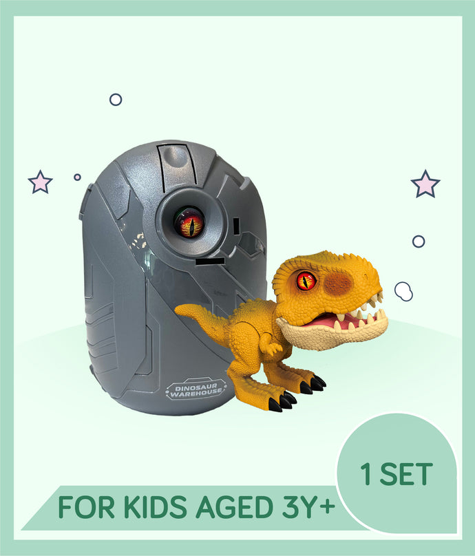 Yellow toy dinosaur and gray dinosaur egg on a light green background with text indicating age suitability