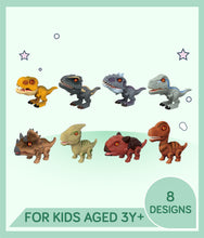 Load image into Gallery viewer, 8 dinosaur figurines designs with text indicating age suitability for kids over 3 years old
