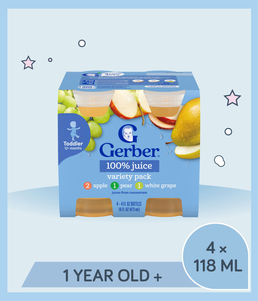 Front view of Gerber 100% juice variety pack box
