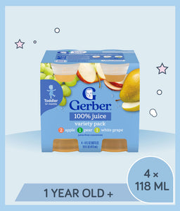 Front view of Gerber 100% juice variety pack box