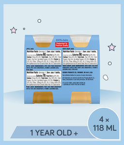 Gerber Fruit Juice packaging with nutritional information on a light blue background