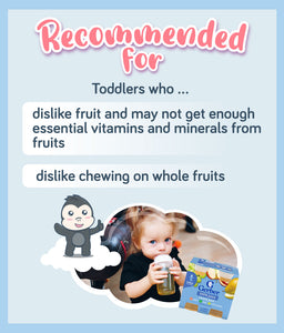 Gerber Fruit Juice toddler recommendation on a light blue background.