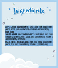 Load image into Gallery viewer, Ingredients list for Gerber apple, pear, and white grape juice on a blue background
