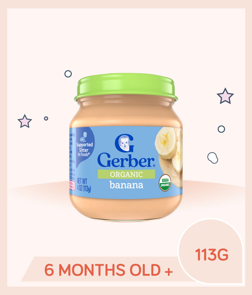 Front view of Gerber Organic 1st Foods Banana Jar with a green lid