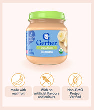 Load image into Gallery viewer, Jar of Gerber Organic 1st Foods Banana with green lid showing product highlight icons
