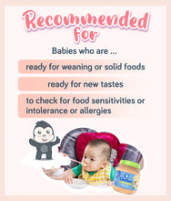Load image into Gallery viewer, Baby sitting in a high chair with a bowl and spoon, next to a jar of Gerber Organic 1st Foods Banana, with text about recommended uses for babies.
