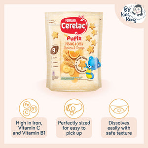 Cerelac nutripuffs snacks banana orange 50g pouch product User Selling Point including high in Iron, Vitamins, Easy to pick up and dissolves easily
