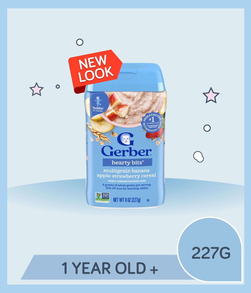 Gerber Hearty Bits Cereal Banana Apple Strawberry Multigrain 227g Container with 'New Look' label