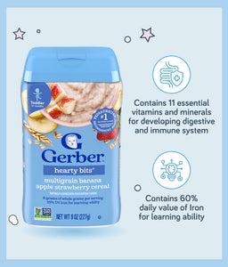 Gerber Hearty Bits Cereal Banana Apple Strawberry Multigrain contain essential vitamins and iron