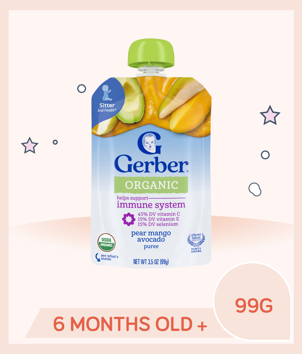 Front view of Gerber Organic Pear Mango Avocado pouch