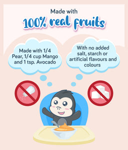 Text about baby food ingredients and no-added-salt, starch, or artificial flavourings.