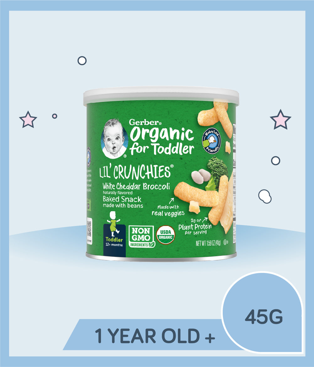 Gerber Organic Lil Crunchies White Cheddar Broccoli 45g Canister