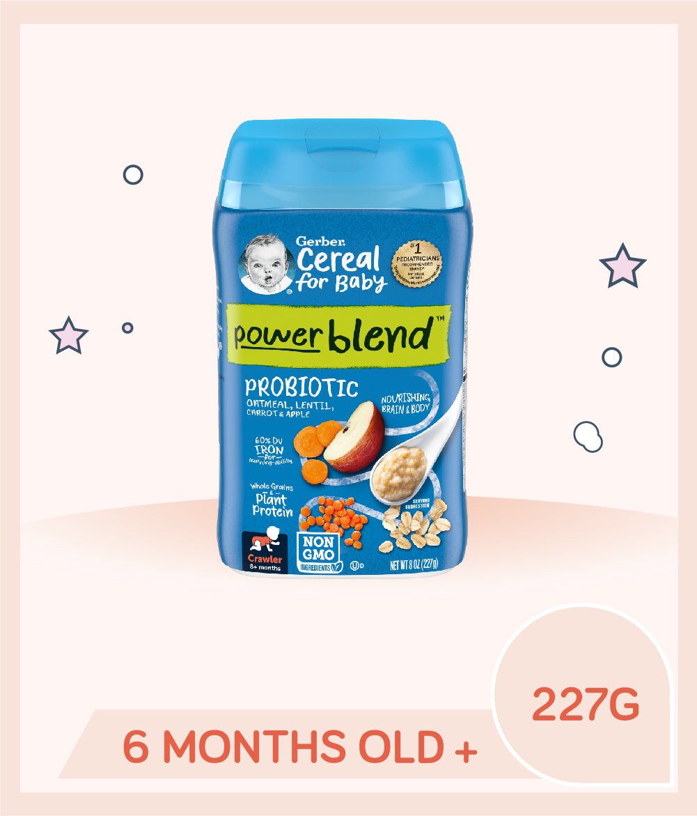 Gerber Powerblend Probiotic Cereal Oatmeal, Lentil, Carrots & Apples 227g Container