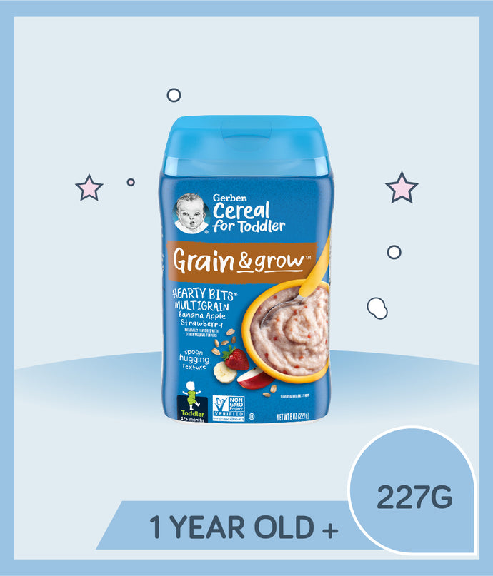 Gerber Hearty Bits Cereal Banana Apple Strawberry Multigrain 227g Container