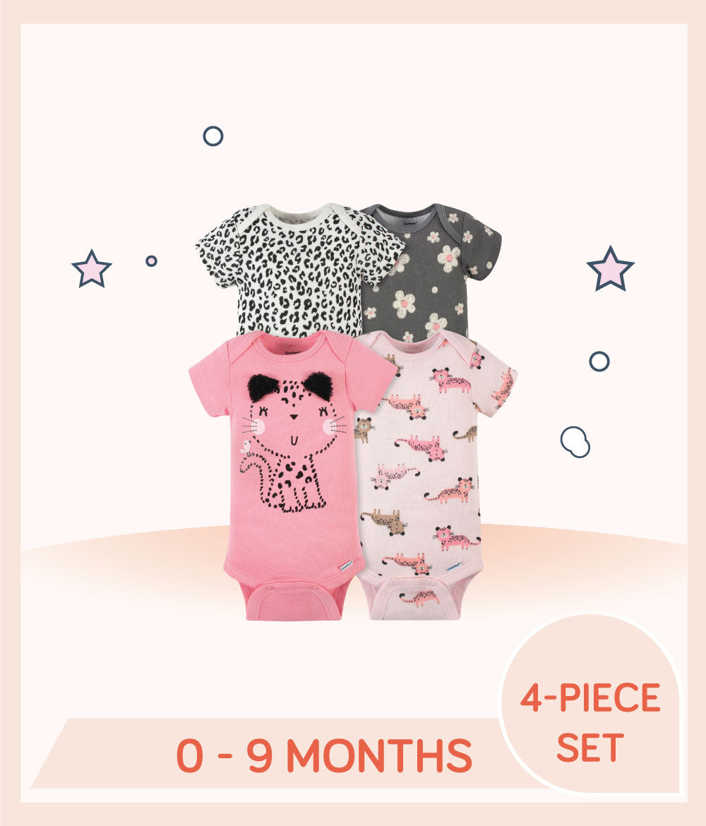 Gerber 4-Pack Baby Girls Leopard Short Sleeve Onesies® Bodysuits