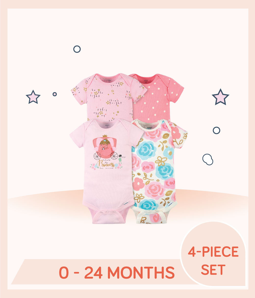 Gerber 4-Pack Baby Girls Princess Short Sleeve Onesies® Bodysuits