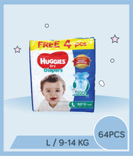 Load image into Gallery viewer, Huggies Dry Diaper Tape L (9-14kg) 60+4pcs
